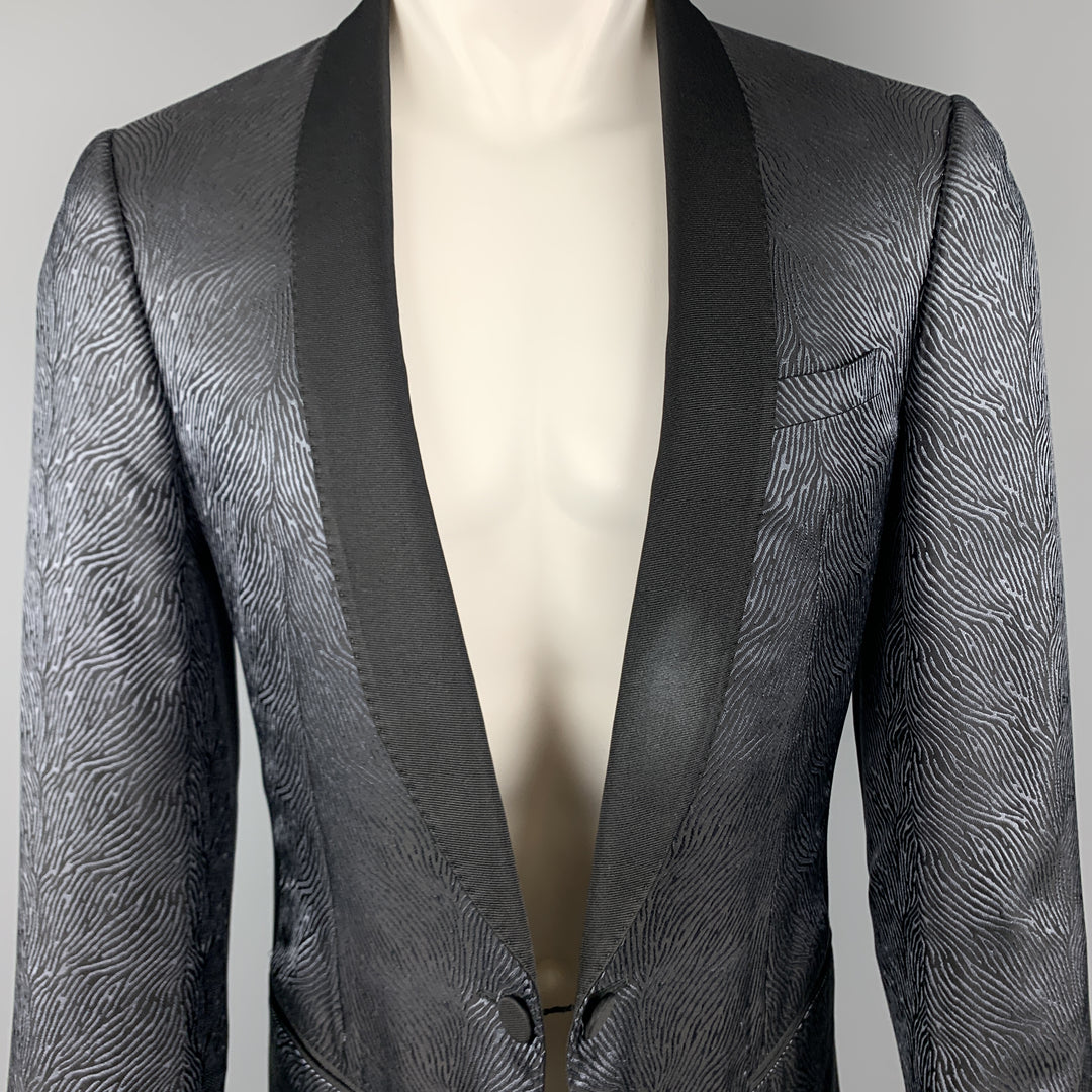 LANVIN Size 40 Black & Blue Silk Shawl Collar Sport Coat