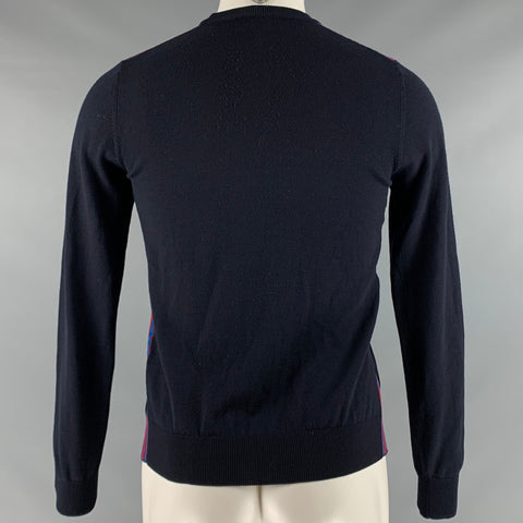 PRADA Taille S Marine Rouge Tissus Mélangés Laine Vierge Polyester Pull à Col Rond