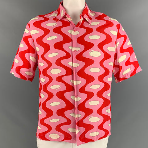 SANDRO Size L Pink Red Print Viscose Button Up Short Sleeve Shirt