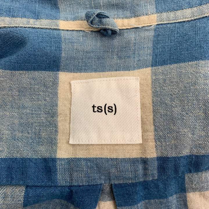 TS (S) Size M Blue & Cream Checkered Cotton / Linen Long Sleeve Shirt