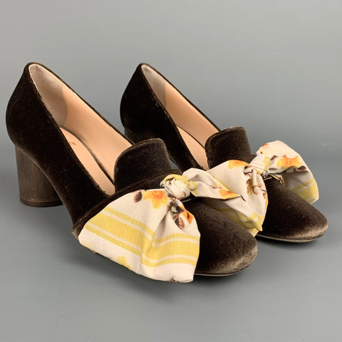 BROTHER VELLIES Talla 8 Zapatos de salón con lazo de terciopelo marrón y amarillo