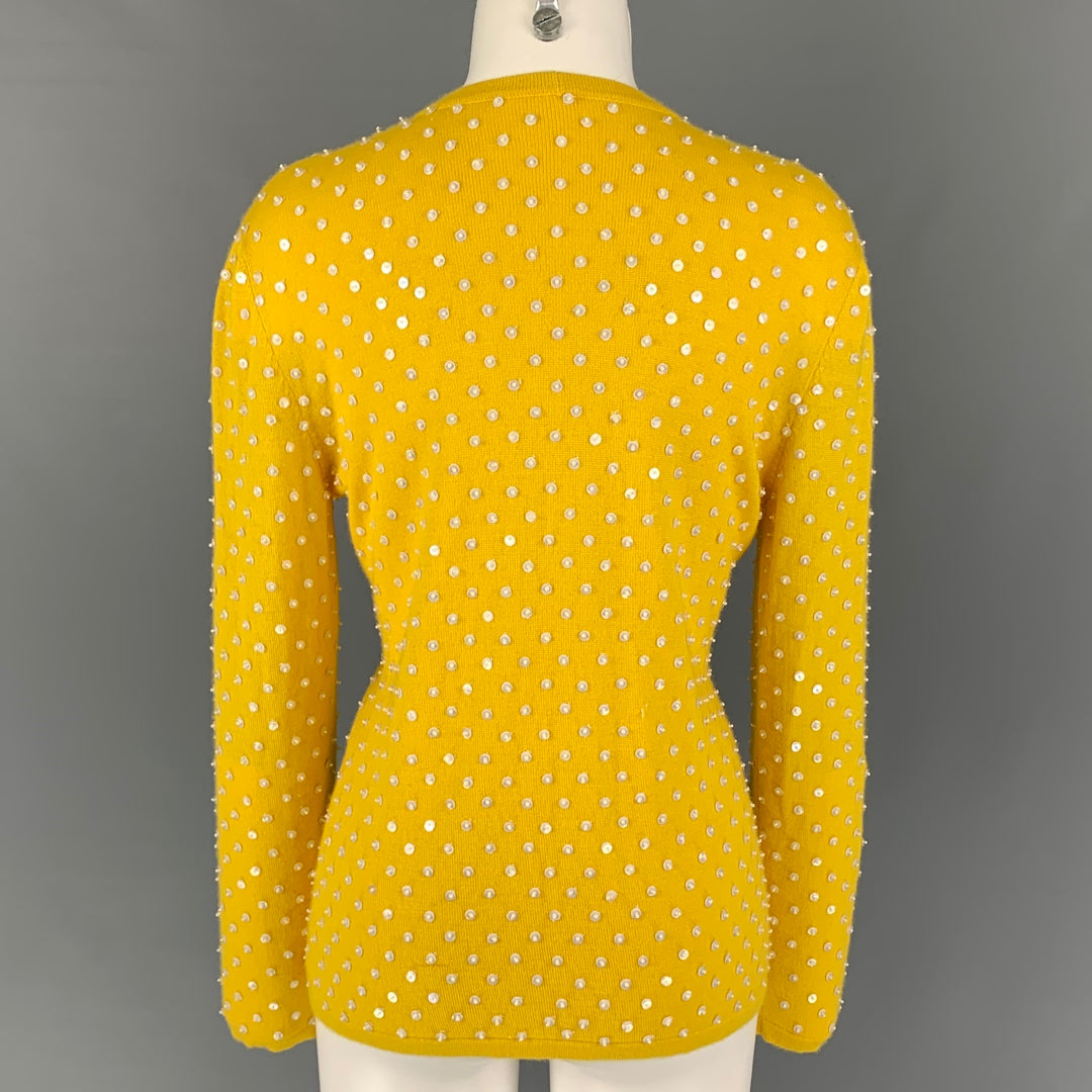 OSCAR DE LA RENTA Size M Yellow Cashmere Beaded Open Front Cardigan