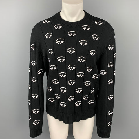KENZO Size XL Black & White Embroidery Cotton Crew-Neck Pullover