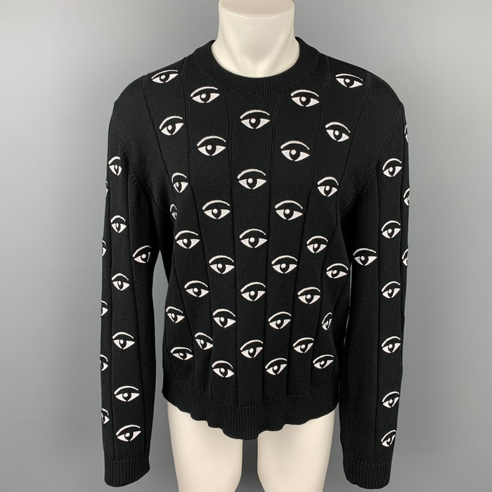 KENZO Taille XL Pull à col rond en coton brodé noir et blanc