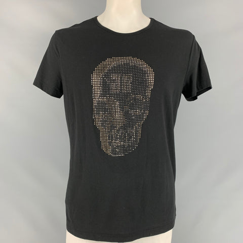 JOHN RICHMOND Size XL Black Beaded Skull Cotton Crew-Neck T-shirt