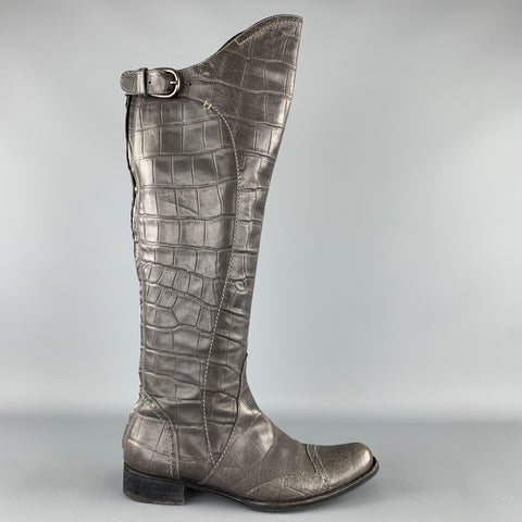 HENRY BEGUELIN Talla 8.5 Botas hasta la rodilla de piel con relieve de cocodrilo gris