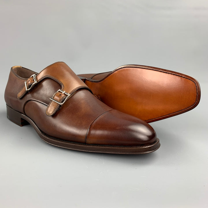 BERGDORF GOODMAN Size 11.5 Brown Antique Leather Double Monk Strap Loafers