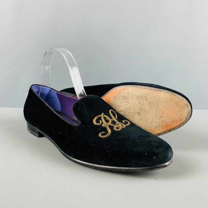 RALPH LAUREN Size 11 Black Gold Velvet Embroidered Loafer Flats