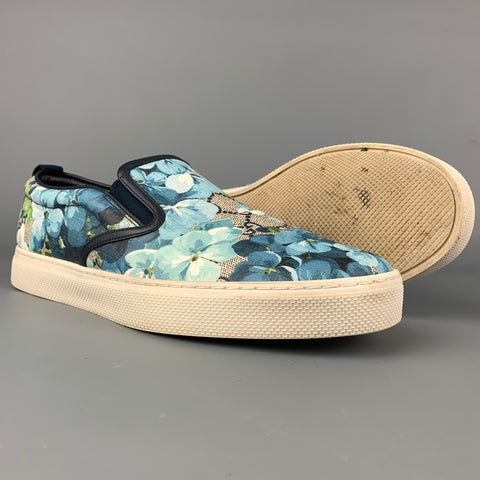 GUCCI GG Supreme Monogram Blooms Dublin Taille 9 Baskets à enfiler en toile enduite florale bleue et blanche