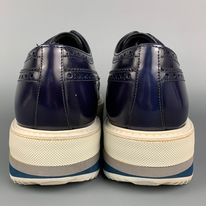 PRADA Size 6.5 Navy & White Perforated Leather Platform Lace Up Shoes