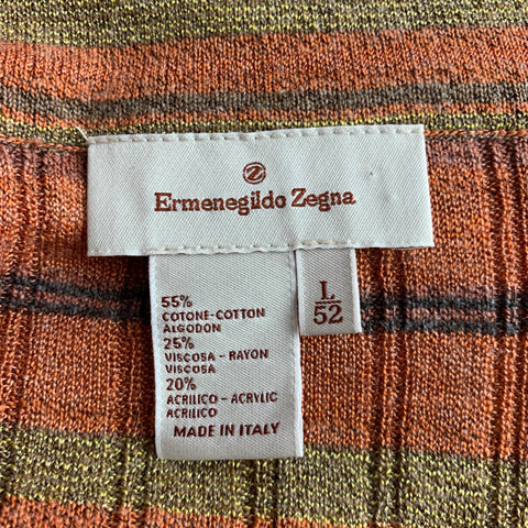 ERMENEGILDO ZEGNA Size L Orange Green Stripe Cotton Blend Short Sleeve Polo