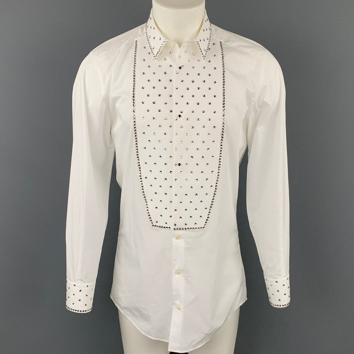 DOLCE & GABBANA Size M White Swarovski Applique Cotton Tuxedo Long Sleeve Shirt