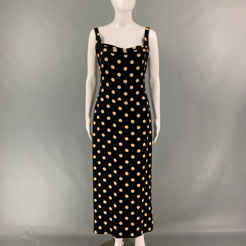 VERA WANG Size 8 Black & Beige Silk Polka Dot Long Dress