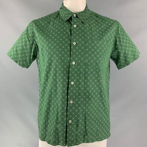A.P.C. Size L Green Geometric Cotton &  Silk Short Sleeve Shirt