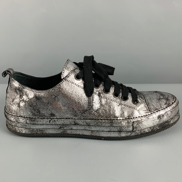 ANN DEMEULEMEESTER Size 9 Silver Black Metallic Leather Lace Up Sneakers