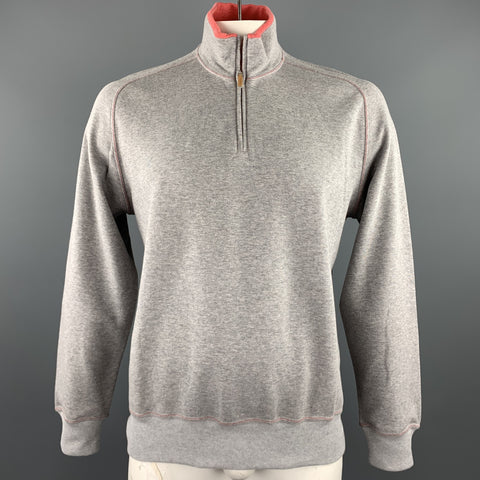 BRUNELLO CUCINELLI Size 44 Grey & Salmon Heather Cotton Half Zip Pullover