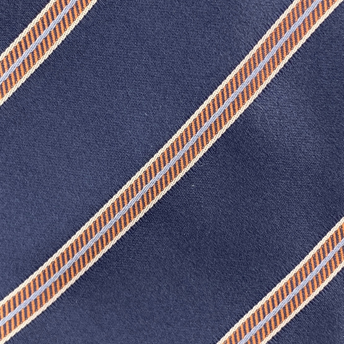 BRIONI Steel Blue & Orange Diagonal Striped Silk Tie