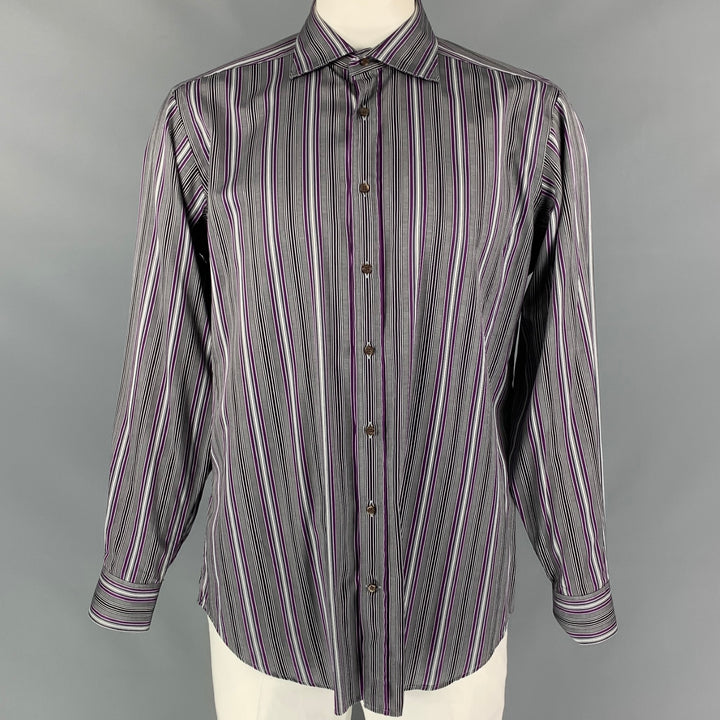 ETRO Size XL Grey & Purple Stripe Cotton Button Up Long Sleeve Shirt