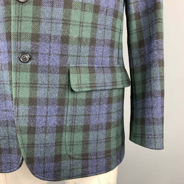 GITMAN BROS Size 42 Green & Blue Plaid Wool Notch Lapel Patch Pockets Sport Coat