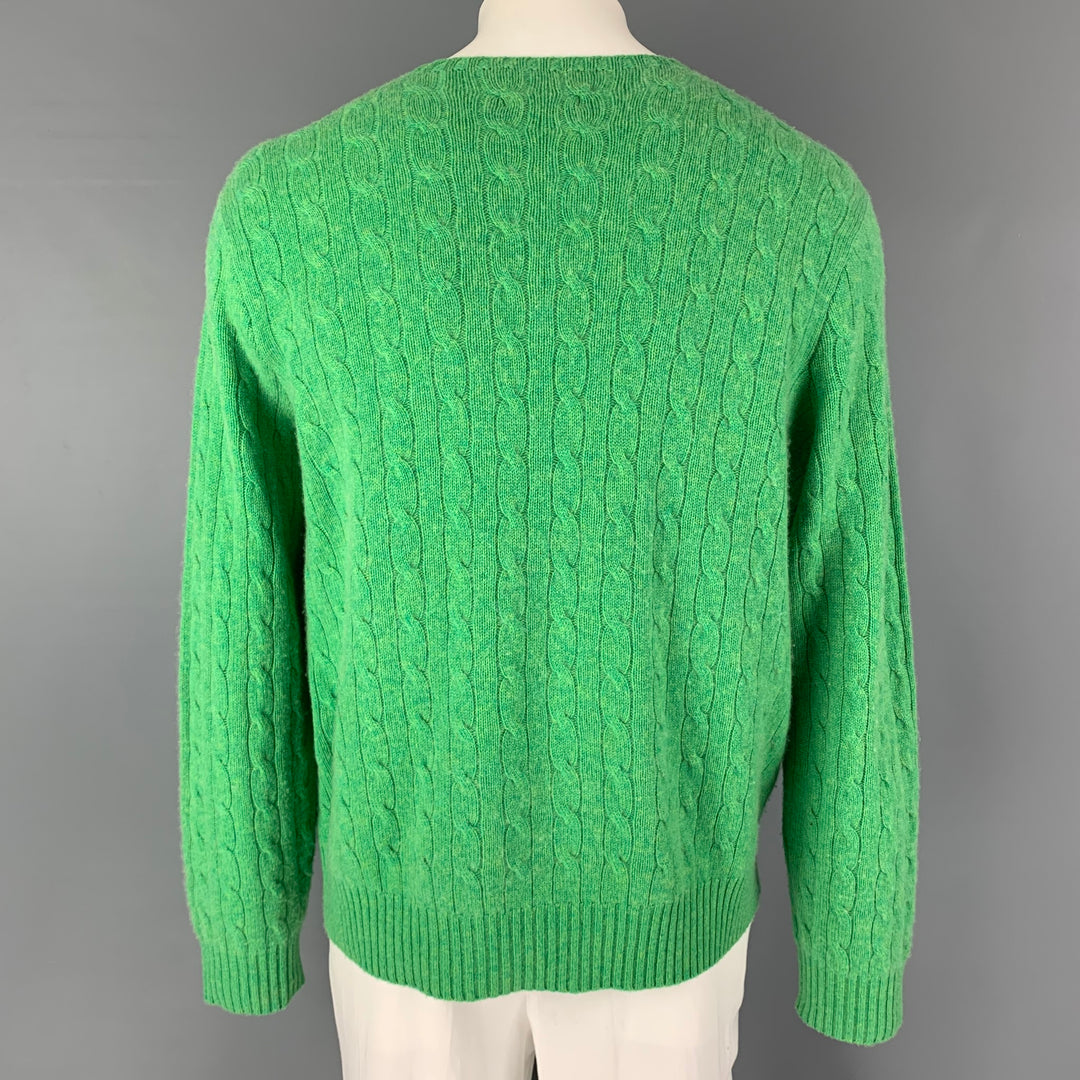 RALPH LAUREN Size XXL Green Cable Knit Cashmere Crew-Neck Sweater