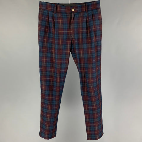 AIME LEON DORE Talla 32 Pantalón de vestir con botones de algodón y lana a cuadros color burdeos azul marino