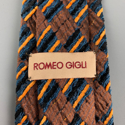 ROMEO GIGLI Brown Navy Orange Checkered Silk Blend Tie