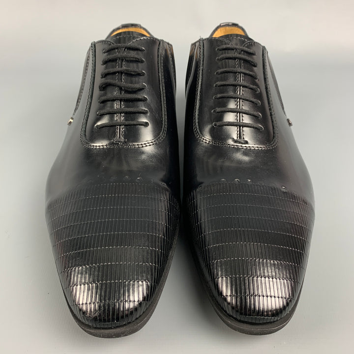 CESARE PACIOTTI Size 7 Black Textured Patent Leather Lace Up Shoes