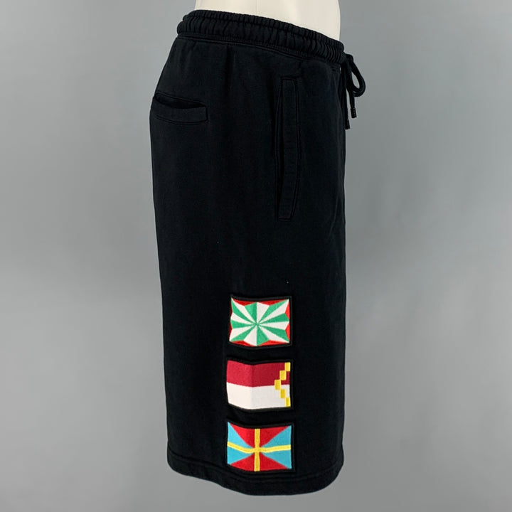 MARCELO BURLON Size S Black Multi-Color Applique Cotton Drawstring Shorts