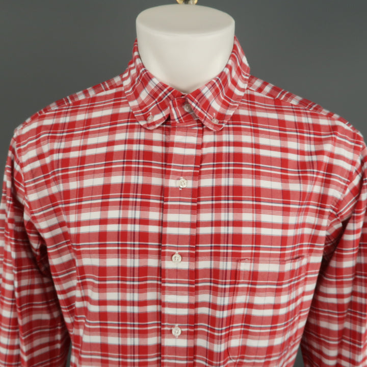 THOM BROWNE Size XXL Red & White Plaid Cotton Button Up Long Sleeve Shirt