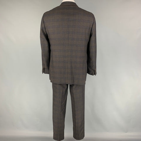 KITON Size 44 Brown Blue Plaid Cashmere Notch Lapel Suit