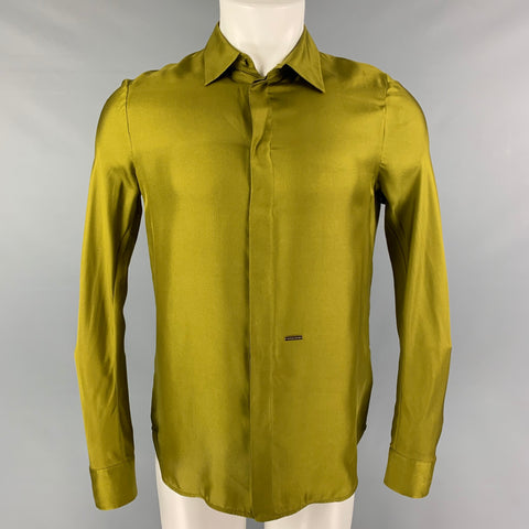 DSQUARED2 Size XXS Olive Silk Hidden Placket Long Sleeve Shirt