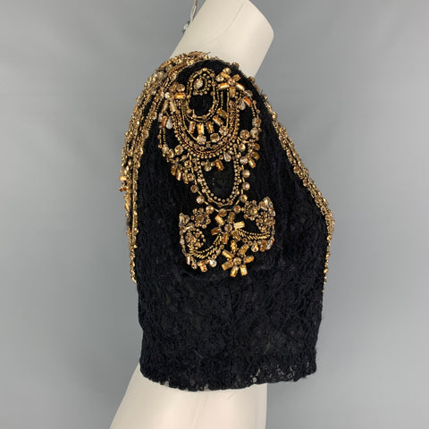 BADGLEY MISCHKA COUTURE Size XS Black & Gold Rhinestones Short Sleeve Dress Top