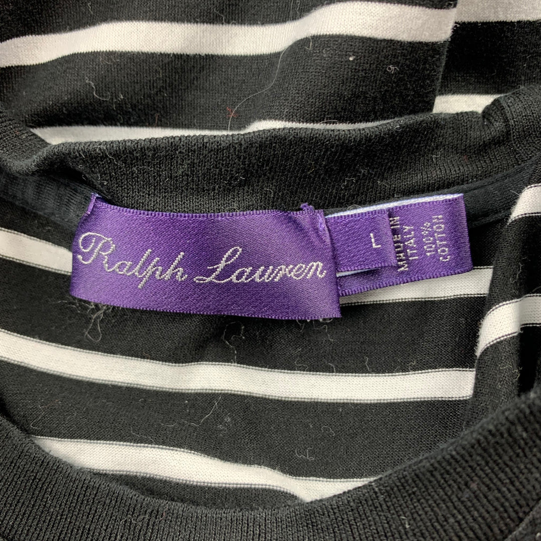 RALPH LAUREN Colección Púrpura Talla L Camiseta de algodón con cuello redondo y rayas blancas y negras