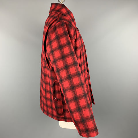 WOOLRICH Size L Red & Black Plaid Wool Hidden Buttons Hunter Coat