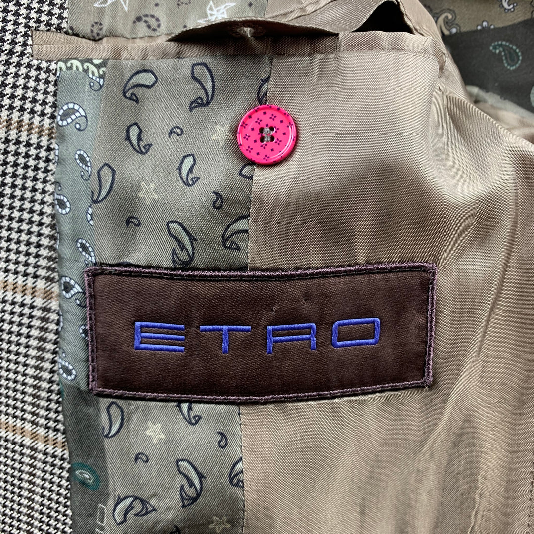ETRO Taille 40 Costume à revers en pointe en soie/laine à carreaux marron
