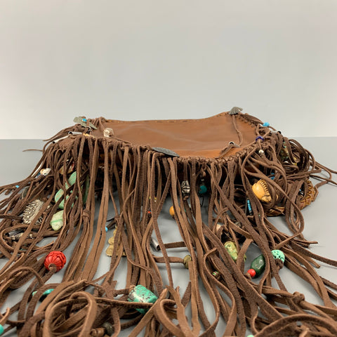 VINTAGE Brown Beaded Leather Turquoise Cross Body Handbag