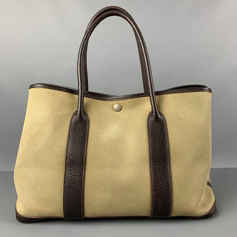 Vintage HERMES Olive Brown Canvas Leather Tote Garden Party Bag