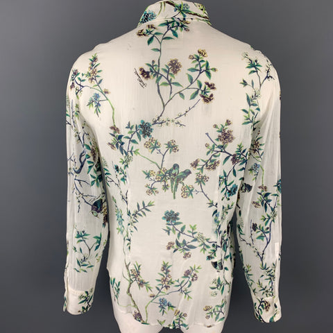 JUST CAVALLI Size XXL White & Green Floral Print Cotton Button Up Long Sleeve Shirt
