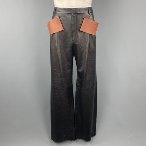 GIVENCHY Talla 36 Pantalones con tirantes anchos plisados ​​de cuero negro y marrón