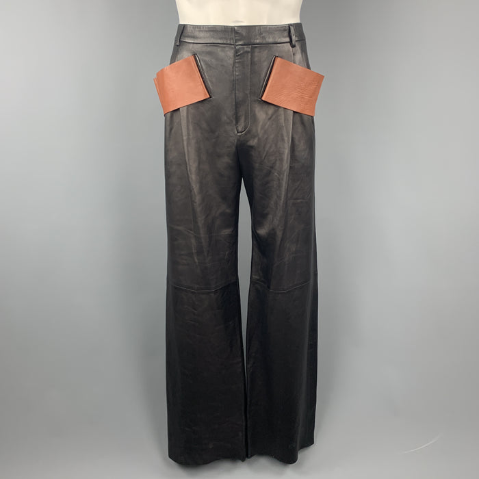 GIVENCHY Size 36 Black & Brown Leather Pleated Wide Leg Strap Pants
