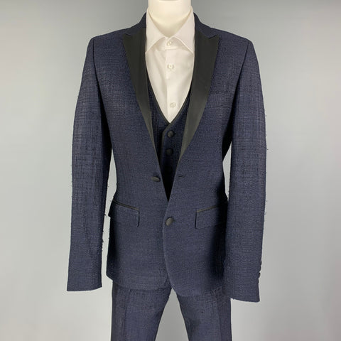 LORDS & FOOLS Size 36 Navy Black Textured Wool Blend Peak Lapel Tuxedo Suit