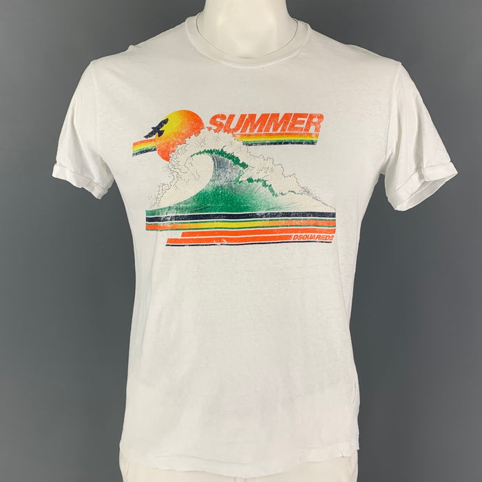 DSQUARED2 Size XL White Summer Graphic Cotton T-shirt