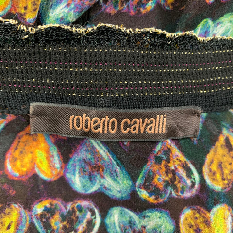 ROBERTO CAVALLI Talla 8 Top informal de manga larga con mezcla de seda y estampado de corazones multicolor