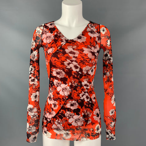 JEAN PAUL GAULTIER SOLEIL Size S Orange & White Nylon Floral V-Neck Blouse