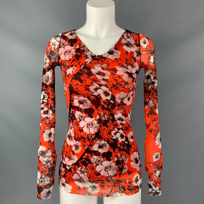 JEAN PAUL GAULTIER SOLEIL Size S Orange & White Nylon Floral V-Neck Blouse