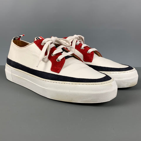 THOM BROWNE Size 10 White Red & Blue Color Block Leather Platform Sneakers