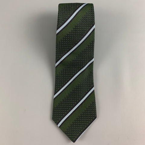 DRAKES LONDON Green Light Blue Diagonal Stripe Silk Tie