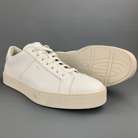 SANTONI Size 12 White Leather Rubber Sole Lace Up Sneakers