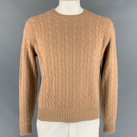 RALPH LAUREN Size L Camel Cable Knit Cashmere Crew-Neck Sweater