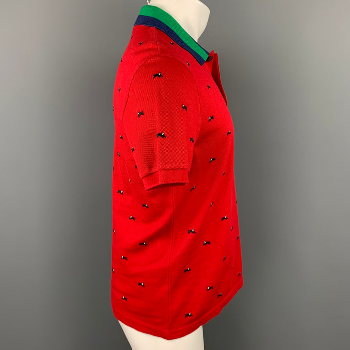 GUCCI Size M Red & Navy Embroidery Pique Buttoned Polo